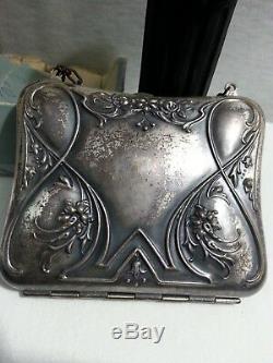 Antiqu 1920s Victorian Compact Purse Nouveau Floral Silver Metal Mirror Perfume