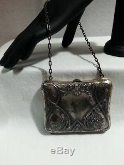 Antiqu 1920s Victorian Compact Purse Nouveau Floral Silver Metal Mirror Perfume