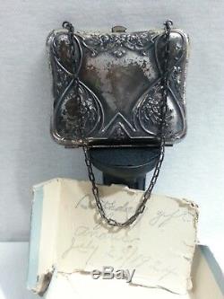 Antiqu 1920s Victorian Compact Purse Nouveau Floral Silver Metal Mirror Perfume