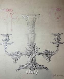 Antique 1800's Reed & Barton original silver candelabra blueprint ink sketch
