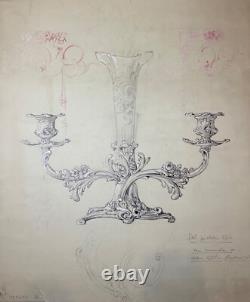 Antique 1800's Reed & Barton original silver candelabra blueprint ink sketch