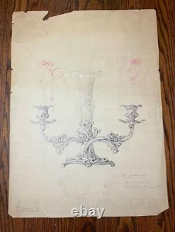Antique 1800's Reed & Barton original silver candelabra blueprint ink sketch