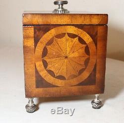 Antique 1800's hand made wooden marquetry veneer silver-plate tea caddy box jar