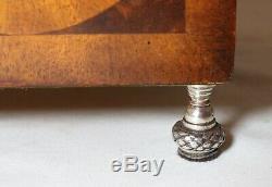 Antique 1800's hand made wooden marquetry veneer silver-plate tea caddy box jar