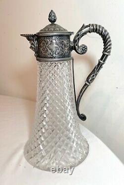 Antique 1800's ornate silver plated cut clear crystal glass wine claret decanter