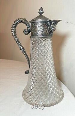 Antique 1800's ornate silver plated cut clear crystal glass wine claret decanter