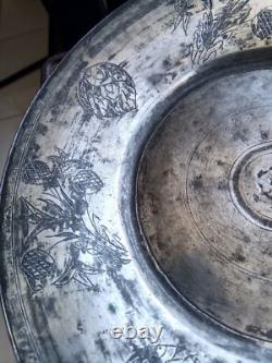 Antique 1800s. Arabic Islamic Silver Overlay Copper Plate, Engraved Makers Mark