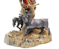 Antique 1851 Elkington Figural Vase Horse & Bull Scene Gilded Bronze Ruby Glass