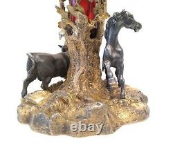 Antique 1851 Elkington Figural Vase Horse & Bull Scene Gilded Bronze Ruby Glass