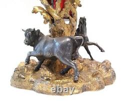 Antique 1851 Elkington Figural Vase Horse & Bull Scene Gilded Bronze Ruby Glass