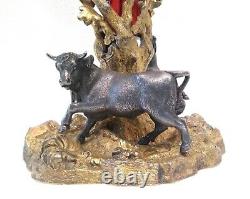 Antique 1851 Elkington Figural Vase Horse & Bull Scene Gilded Bronze Ruby Glass