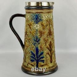 Antique 1881 Doulton Lambeth Jug Potter Signed Louisa Ayling Silver Plated Rim