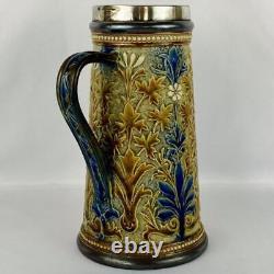 Antique 1881 Doulton Lambeth Jug Potter Signed Louisa Ayling Silver Plated Rim
