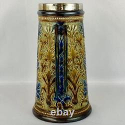 Antique 1881 Doulton Lambeth Jug Potter Signed Louisa Ayling Silver Plated Rim