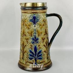 Antique 1881 Doulton Lambeth Jug Potter Signed Louisa Ayling Silver Plated Rim