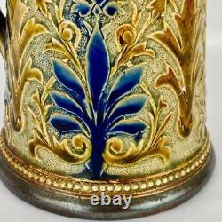 Antique 1881 Doulton Lambeth Jug Potter Signed Louisa Ayling Silver Plated Rim