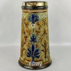 Antique 1881 Doulton Lambeth Jug Potter Signed Louisa Ayling Silver Plated Rim