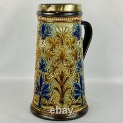 Antique 1881 Doulton Lambeth Jug Potter Signed Louisa Ayling Silver Plated Rim