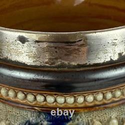 Antique 1881 Doulton Lambeth Jug Potter Signed Louisa Ayling Silver Plated Rim
