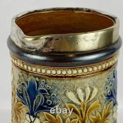 Antique 1881 Doulton Lambeth Jug Potter Signed Louisa Ayling Silver Plated Rim