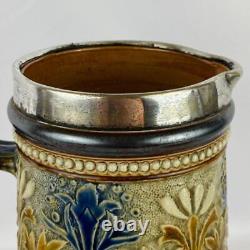 Antique 1881 Doulton Lambeth Jug Potter Signed Louisa Ayling Silver Plated Rim