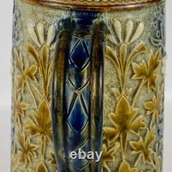 Antique 1881 Doulton Lambeth Jug Potter Signed Louisa Ayling Silver Plated Rim