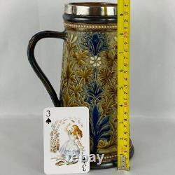 Antique 1881 Doulton Lambeth Jug Potter Signed Louisa Ayling Silver Plated Rim