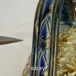 Antique 1881 Doulton Lambeth Jug Potter Signed Louisa Ayling Silver Plated Rim