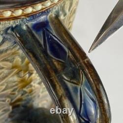 Antique 1881 Doulton Lambeth Jug Potter Signed Louisa Ayling Silver Plated Rim