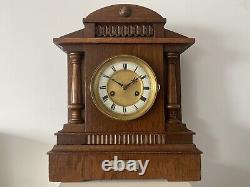 Antique 1913 HAC Architectural Oak Wood Mantel Clock Ornate. Silver Plate. Key