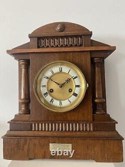 Antique 1913 HAC Architectural Oak Wood Mantel Clock Ornate. Silver Plate. Key