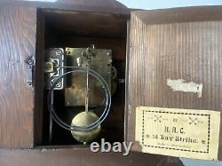 Antique 1913 HAC Architectural Oak Wood Mantel Clock Ornate. Silver Plate. Key