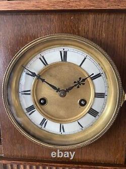 Antique 1913 HAC Architectural Oak Wood Mantel Clock Ornate. Silver Plate. Key