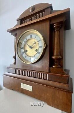 Antique 1913 HAC Architectural Oak Wood Mantel Clock Ornate. Silver Plate. Key