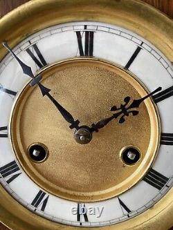 Antique 1913 HAC Architectural Oak Wood Mantel Clock Ornate. Silver Plate. Key