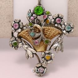 Antique 1920s Art Deco Flower Basket Paste Silver Plate Gold Gilt Pendant