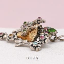 Antique 1920s Art Deco Flower Basket Paste Silver Plate Gold Gilt Pendant