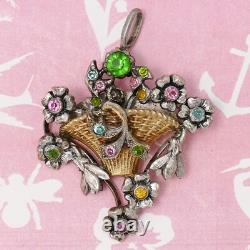 Antique 1920s Art Deco Flower Basket Paste Silver Plate Gold Gilt Pendant