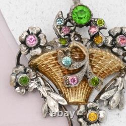 Antique 1920s Art Deco Flower Basket Paste Silver Plate Gold Gilt Pendant