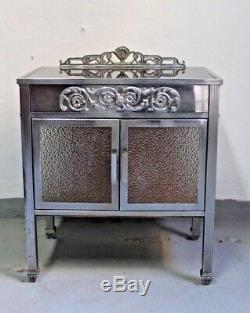 Antique 1920s Art Decó Modernist Plated-Nickel and Glass Side Table double door