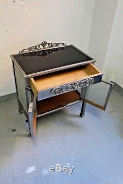 Antique 1920s Art Decó Modernist Plated-Nickel and Glass Side Table double door