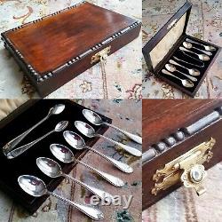 Antique (1925) Silver Plated Tea Spoons & Sugar Tongs In Original Silk Lined Box