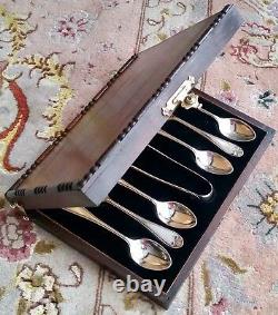 Antique (1925) Silver Plated Tea Spoons & Sugar Tongs In Original Silk Lined Box