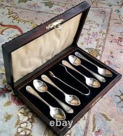 Antique (1925) Silver Plated Tea Spoons & Sugar Tongs In Original Silk Lined Box