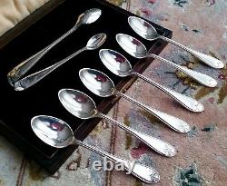 Antique (1925) Silver Plated Tea Spoons & Sugar Tongs In Original Silk Lined Box