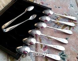 Antique (1925) Silver Plated Tea Spoons & Sugar Tongs In Original Silk Lined Box