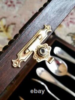 Antique (1925) Silver Plated Tea Spoons & Sugar Tongs In Original Silk Lined Box