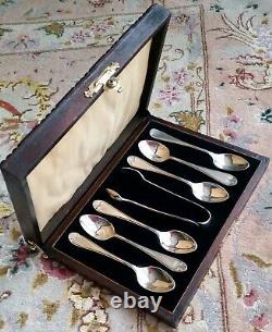 Antique (1925) Silver Plated Tea Spoons & Sugar Tongs In Original Silk Lined Box