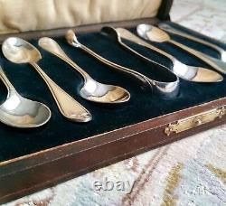 Antique (1925) Silver Plated Tea Spoons & Sugar Tongs In Original Silk Lined Box