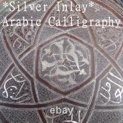 Antique 19th C Islamic Brass Tray Silver & Copper Inlay Arabic Calligraphy 13.5